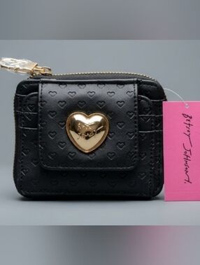 Betsey Johnson Black Heart-Embossed Compact Wallet with Gold Heart Plaque